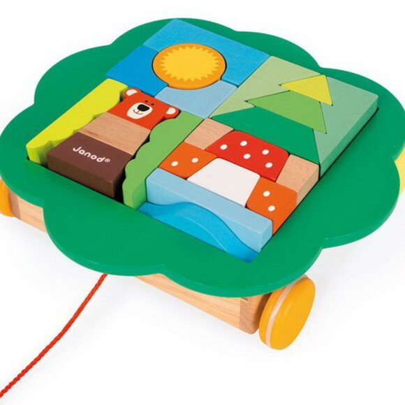 Janod Wooden Trolley with Blocks Pull  Along Toy Brand New - Picture 4 of 11